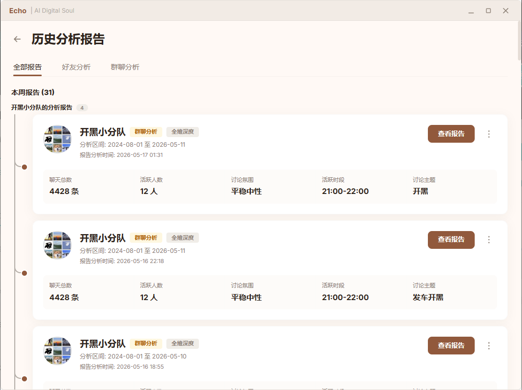 MyEcho 分析报告历史页面截图